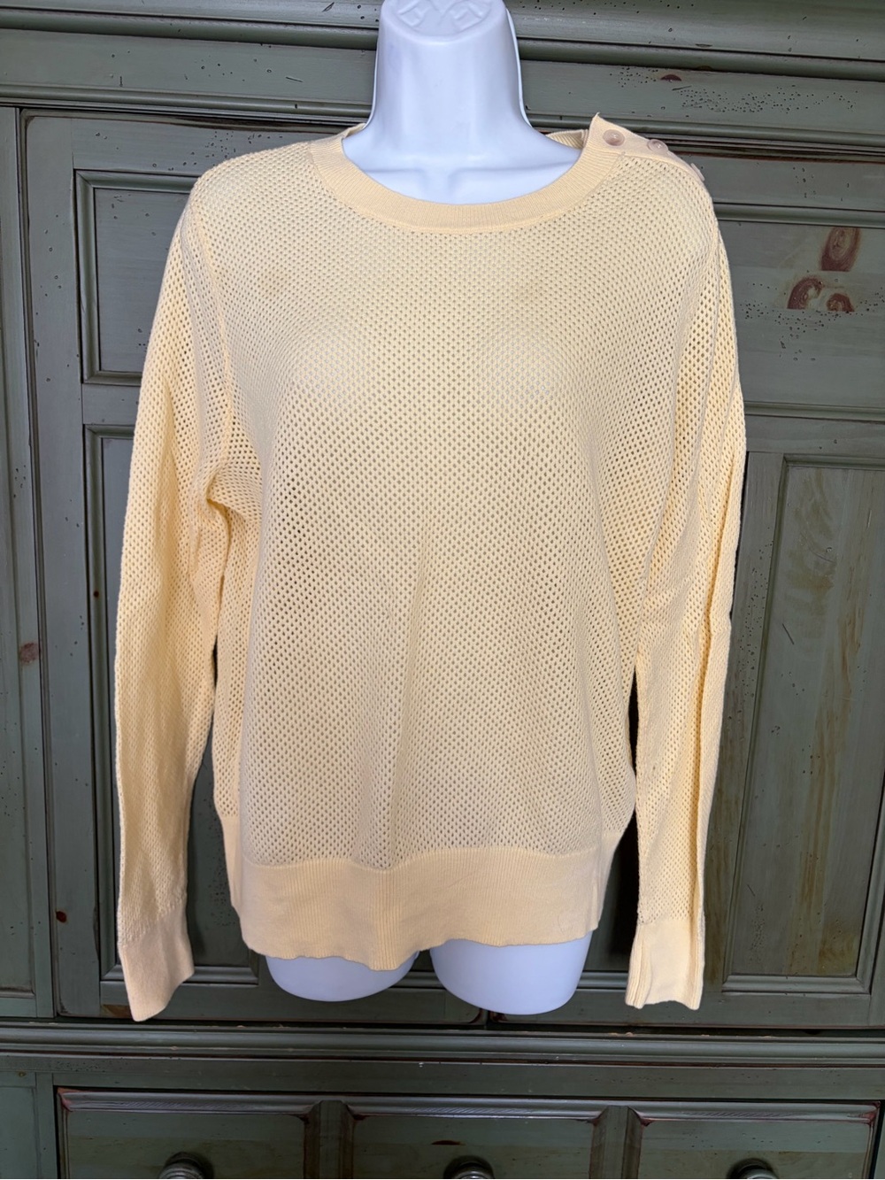 NWT LOFT Pale Yellow Mesh Crewneck Sweater with Shoulder Buttons